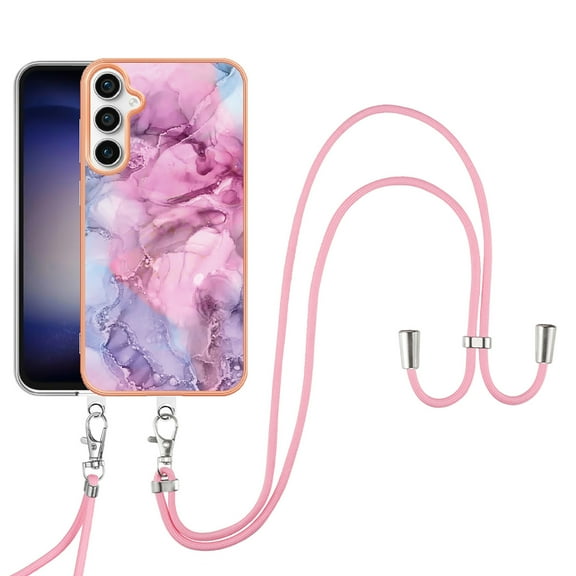 Feishell for Samsung Galaxy S24 Case with Detachable Crossbody Strap, Fashion Marble Pattern Glossy Cover for Women Girls, Slim Fit Anti-Scratch Phone Case for Samsung Galaxy S24,Pink