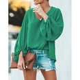 thumbnail image 4 of Blusa de manga larga para mujer Camisas con cuello en V Top de color puro Blusas casuales con manga de obispo sueltas Verde M, 4 of 7