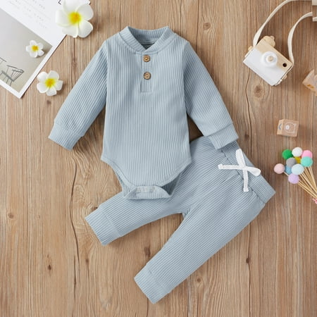 

Inevnen 2 Pieces Newborn Baby Boy Girl Set Round Neck Long Sleeve Romper Long Trousers