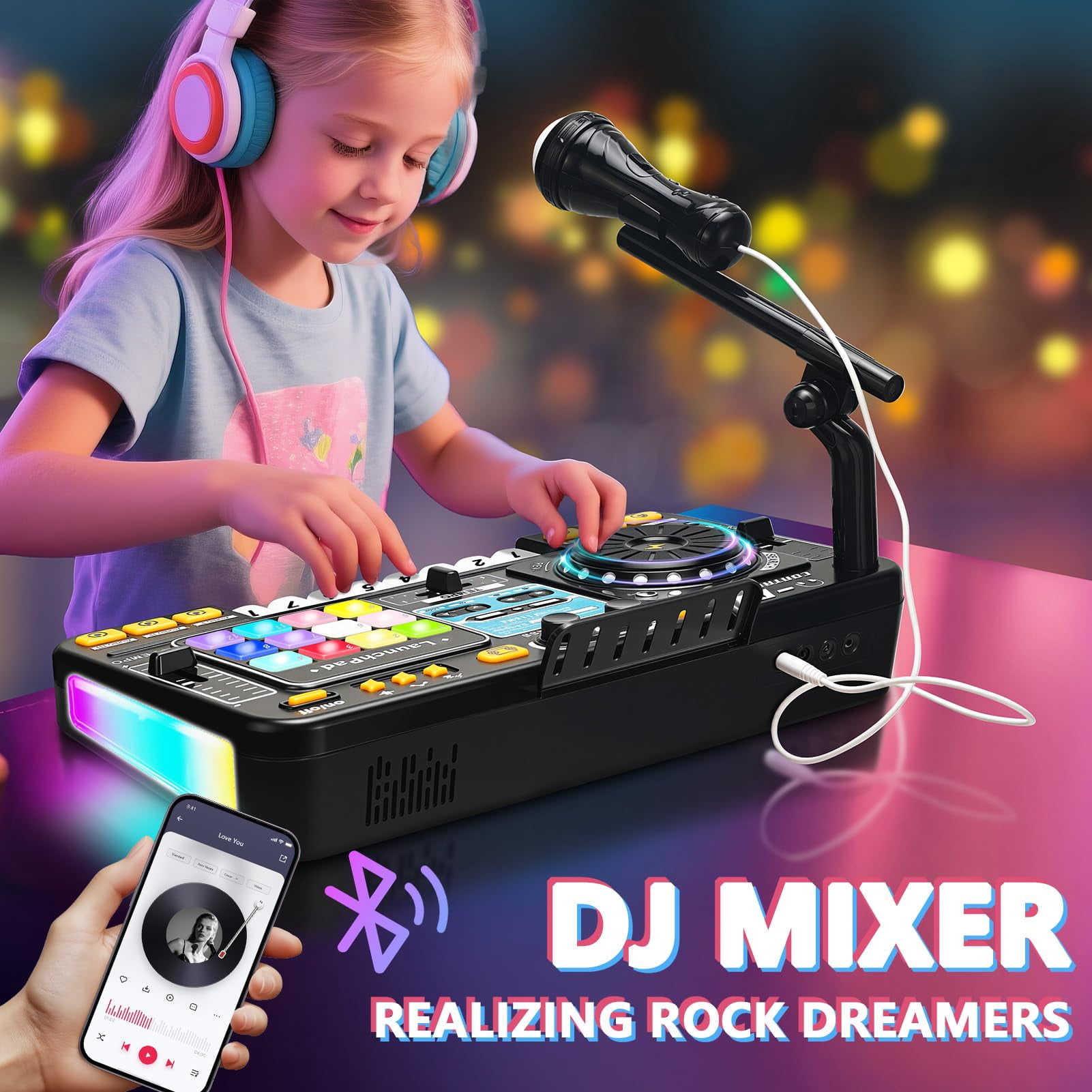 Kids DJ Set with DJ Table, DJ Mixer, Piano Keys & Turntable, Music Instruments for Boys Girls Ages 3-5 Birthday Gifts