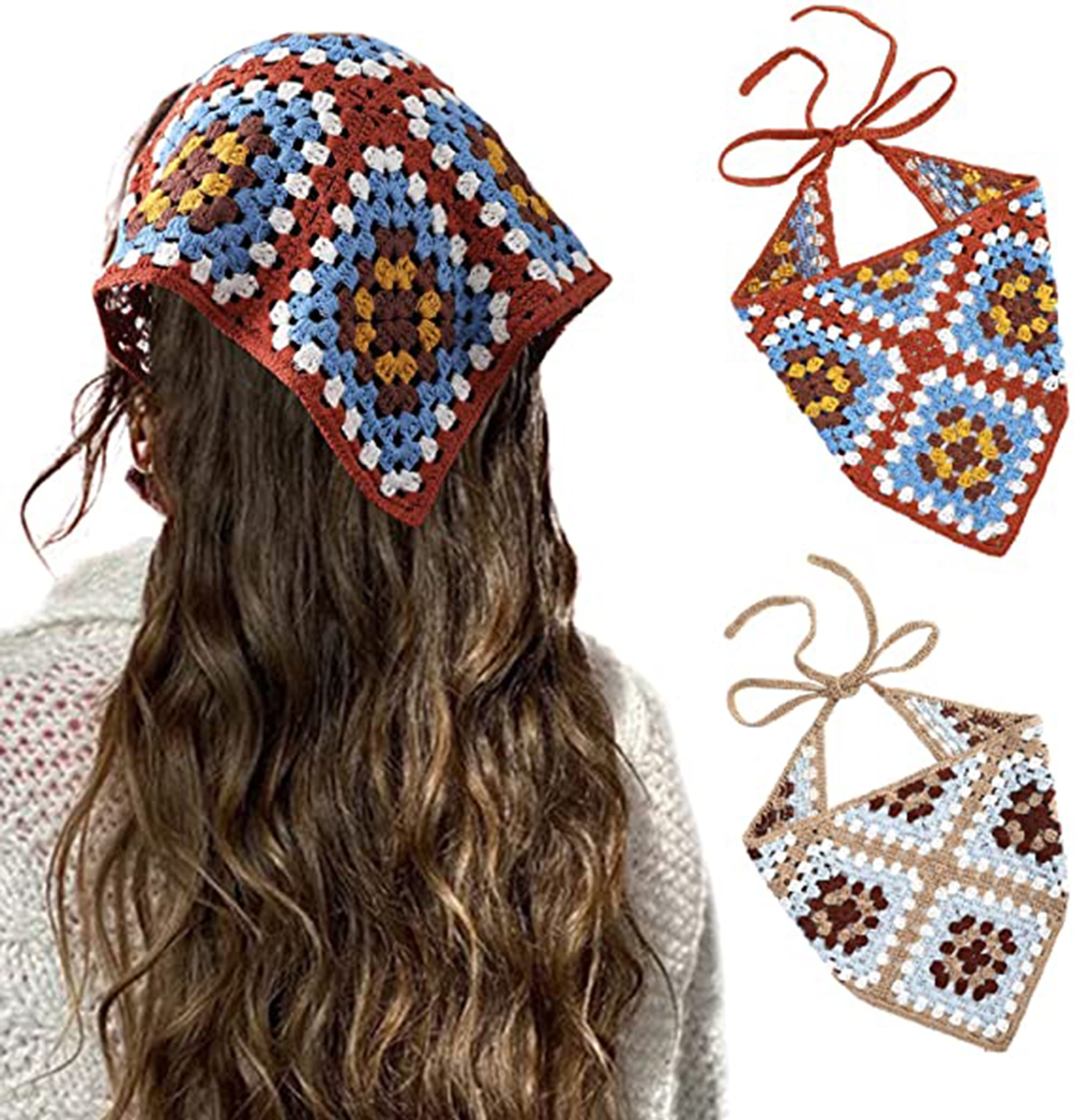 AWAYTR 2Pcs Crochet Bandana Head Kerchief Hair Scarf Knitted Hair