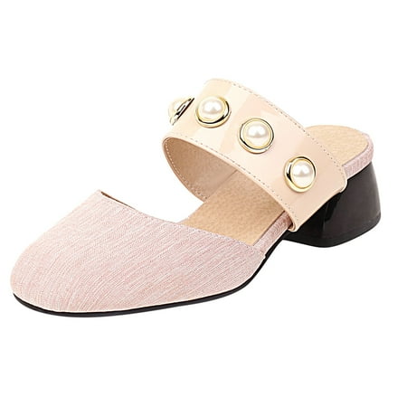

VKEKIEO Women s Shoes Pearl Slip-on Sandals Square Mid Heel Round Toe Casual Plaid Slippers