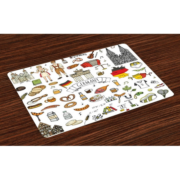 German Placemats Set of 4 Hand Drawn Doodle of German Culture Icons