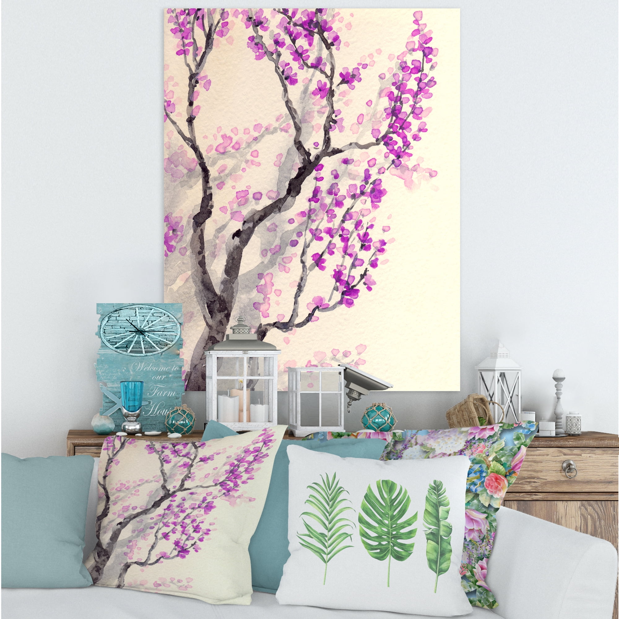 Designart ' Abstract Spring Purple Flowers On Tree Branches ' Traditional Canvas Wall Art Print