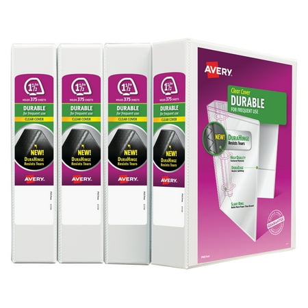 Avery Durable View Binder with DuraHinge and Slant Rings, 1 1/2", White, 4/Pack -AVE17576