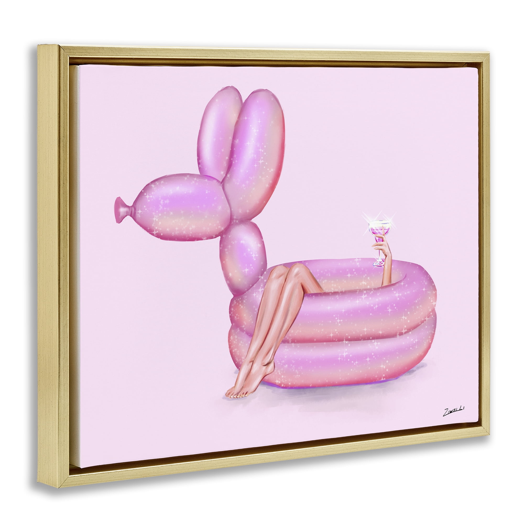 Stupell Industries Balloon Animal Pool People Painting Gold Floater Framed Canvas Art Print Wall Art, 31 x 25