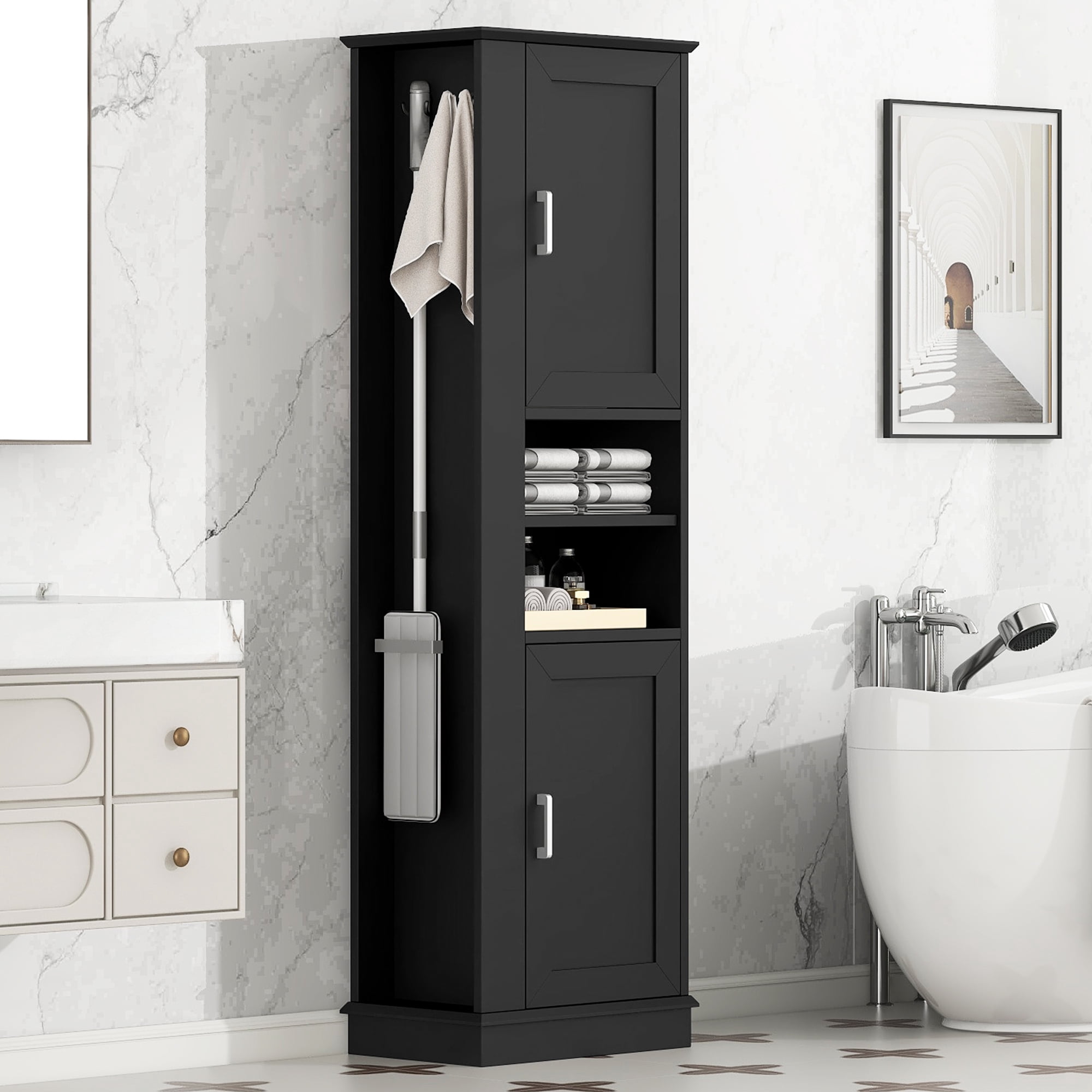 HOQBN 69"H Tall Bathroom Storage Cabinet,Freestanding Storage Cabinet with Hook & Adjustable Shelf for Bathroom, Living Room, Black