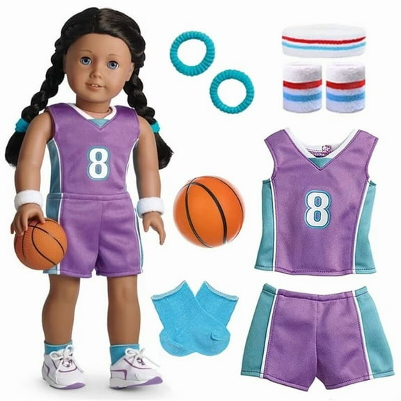 AlevRam 18" Doll Clothes Set – Number 8 Basketball Jersey Outfit with Basketball, Wristbands, Blue Socks & Hair Tie