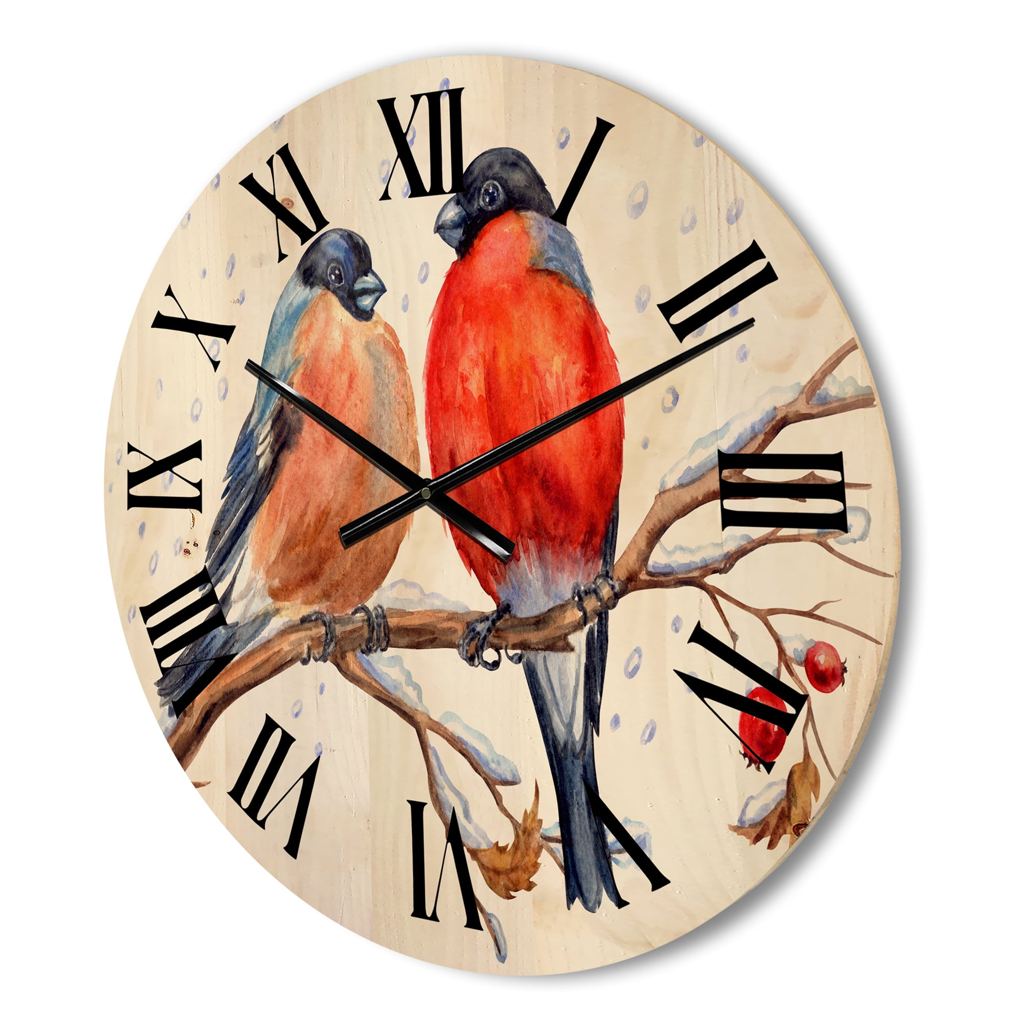 Designart 'Two Bullfinches On A Hawthorn Branch with Snowfall In Winter' Traditional Wood Wall Clock