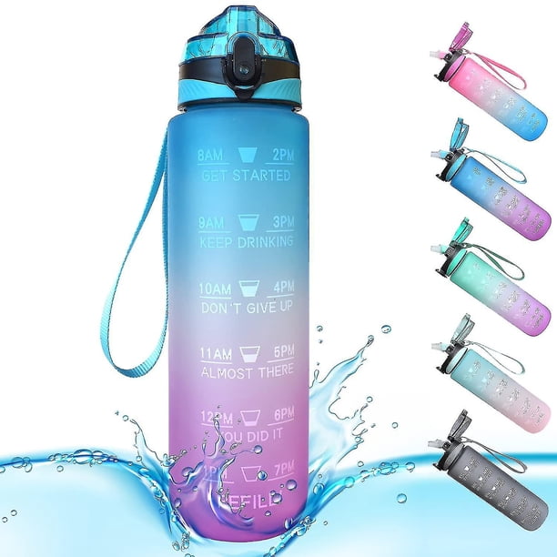 Botella de agua deportiva con marcas de tiempo de 1 litro y botellas con pajitas, botella de agua que se abre, adecuada para hacer ejercicio al aire libre