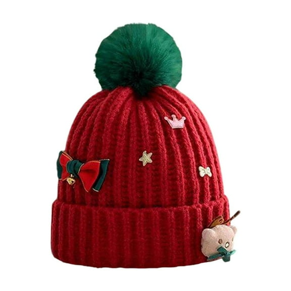 Wensltd Women Christmas Cute Plush Warm Beanie Hat Festive Red Winter Cap for Holiday Gift