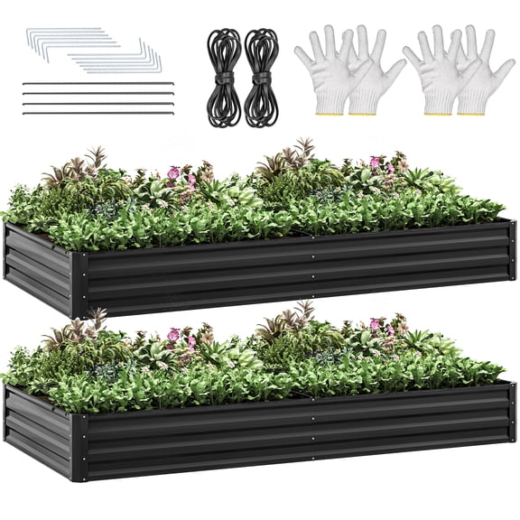 Uforic 2 Pack 8ftx4ft Large Raised Garden Bed Kit,Outdoor Galvanized Metal Patio Planter Box with Safety Rubber & Gloves, for Vegetables Flowers,Black