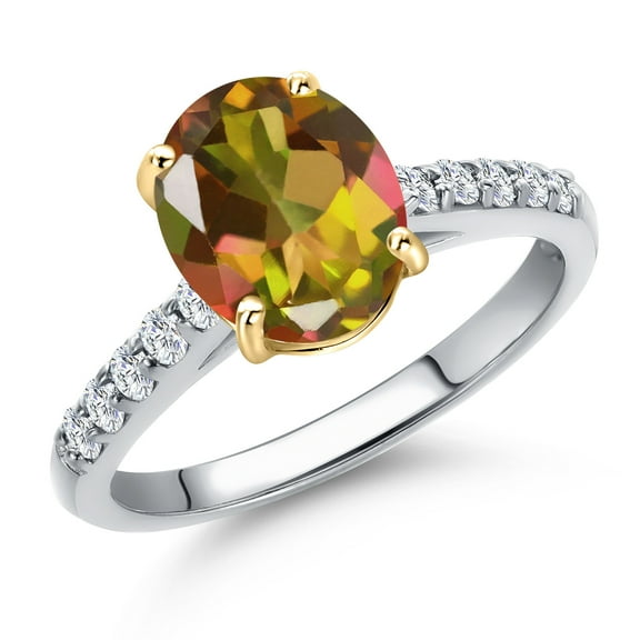 Gem Stone King 10K Two Tone Gold Mango Mystic Topaz and Lab Grown Diamond Engagement Ring for Women | 2.20 Cttw | Oval 9X7MM | Gemstone November Birthstone | Size 7