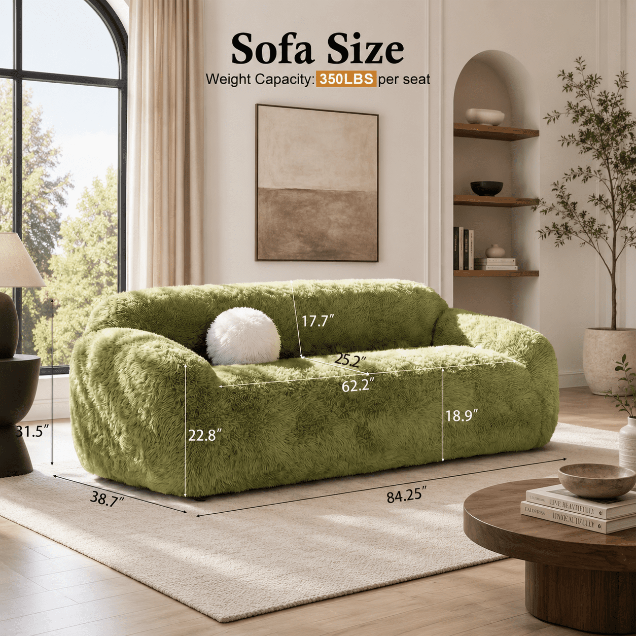 Aenkyo 84 Inch Plush Faux Fur Sofa, 25 Inch Deep Seat 3-Seater Couch with Ball Pillow, Green