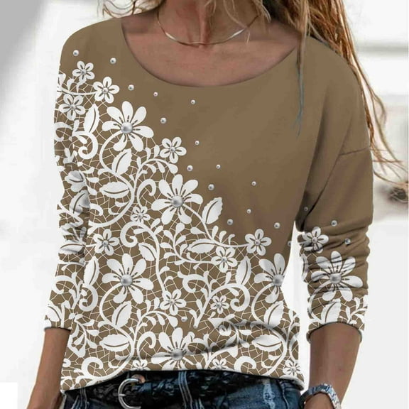 BLTIBY Long Sleeve Top for Women Printed Round Neck Shirts Fashion Loose Casual Lightweight Pullover Blouse Brown XXL