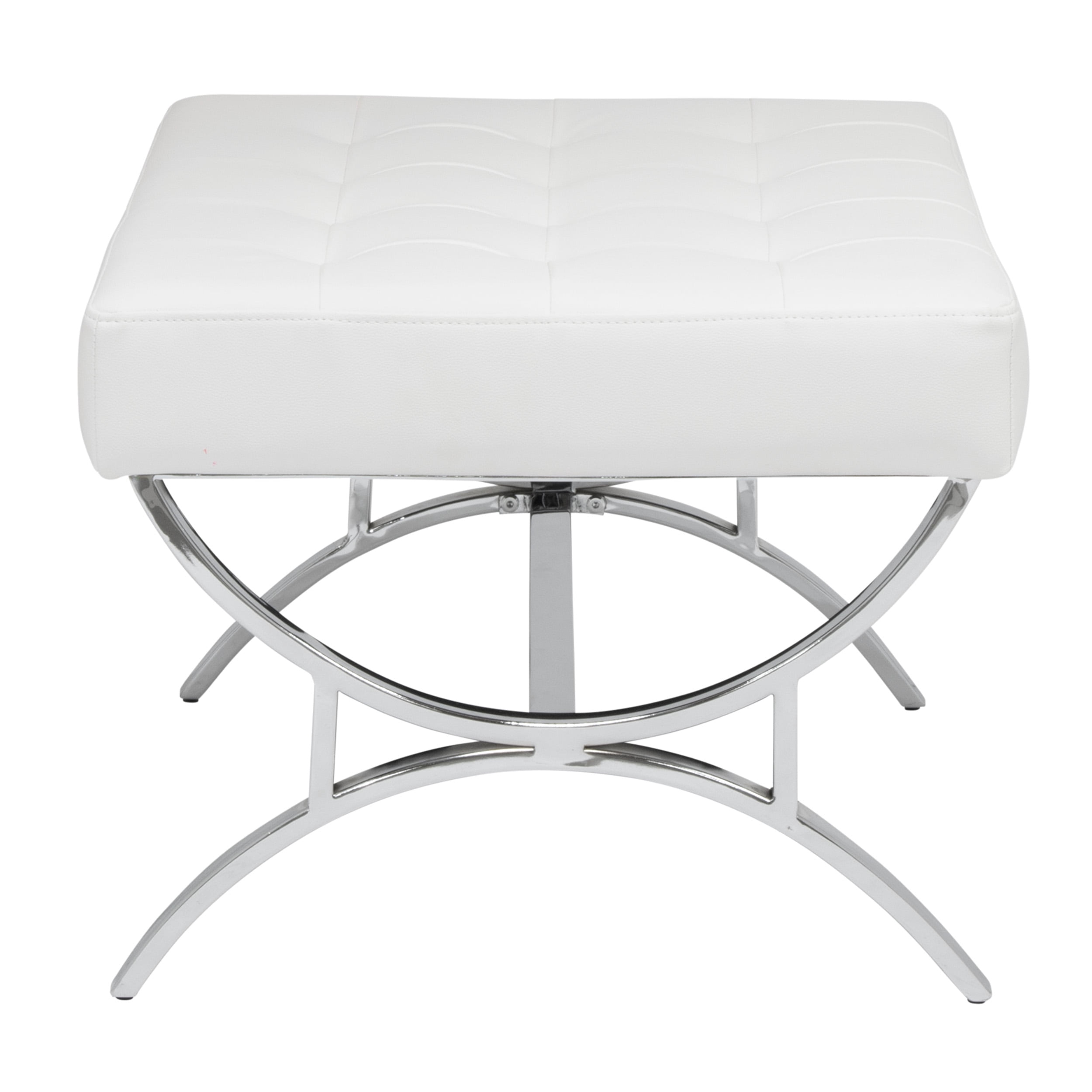Studio Designs Home Newel Modern Square Ottoman Blended Leather and Chrome Metal Frame in Chrome and White