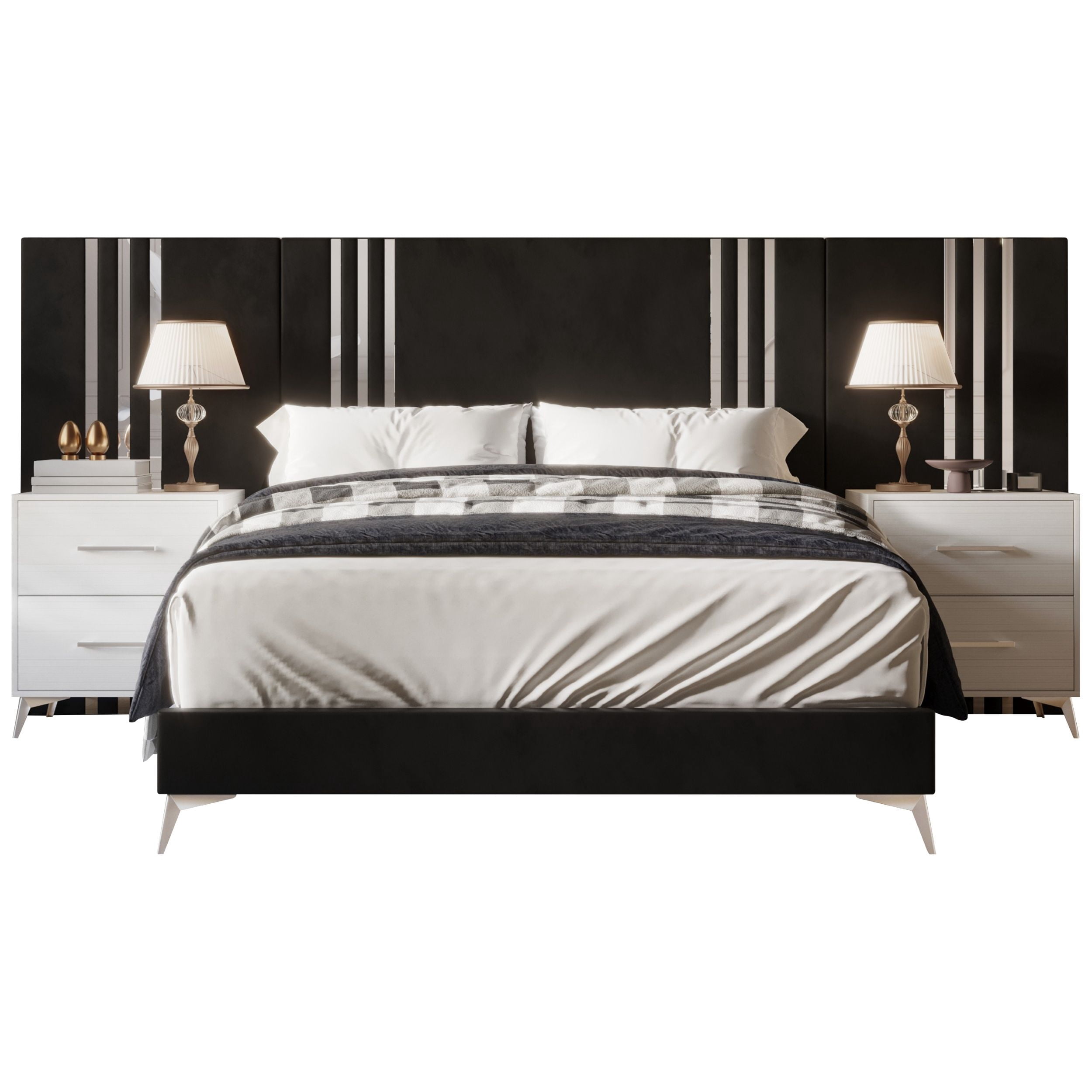 Home Design Laytec King Velvet Upholstered Platform Bed Frame with Rectangular Headboard and Wall Panels, Black, Easy Assembly
