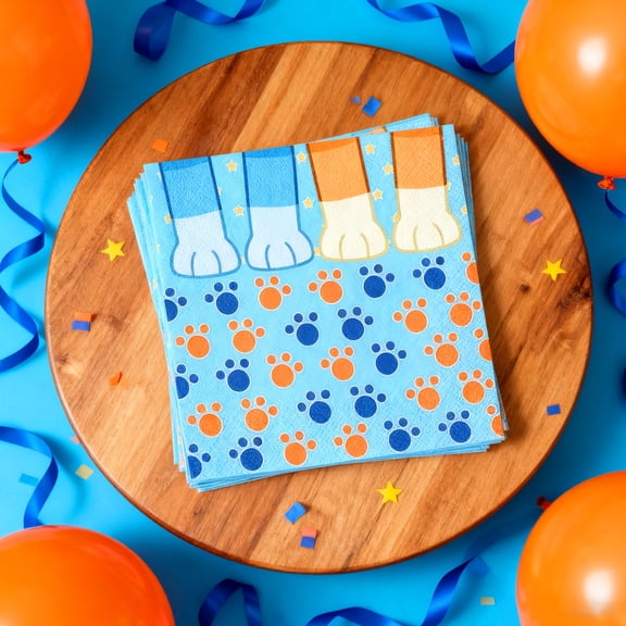 Cartoon Paw Print Party Napkins - Blue & Orange Themed Decorative Disposable Napkins 16x16cm 20pcs