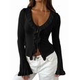 thumbnail image 2 of Women Ruffle Tie Front Cardigan Sweater Long Bell Sleeve Cropped Knit Sweater Top Black L, 2 of 7