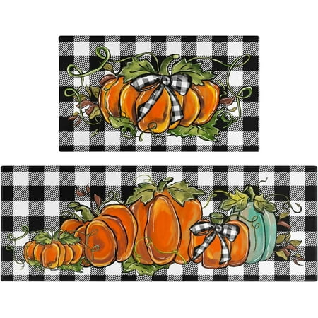 

Fall Pumpkin Kitchen Rugs Set of 2 Buffalo Plaid Harvest Thanksgiving Floor Mats and Rugs Non Skid Washable for Kitchen Home Decor Fall Farmhouse Decorations and Accessories (17 x47 +17 x30 )
