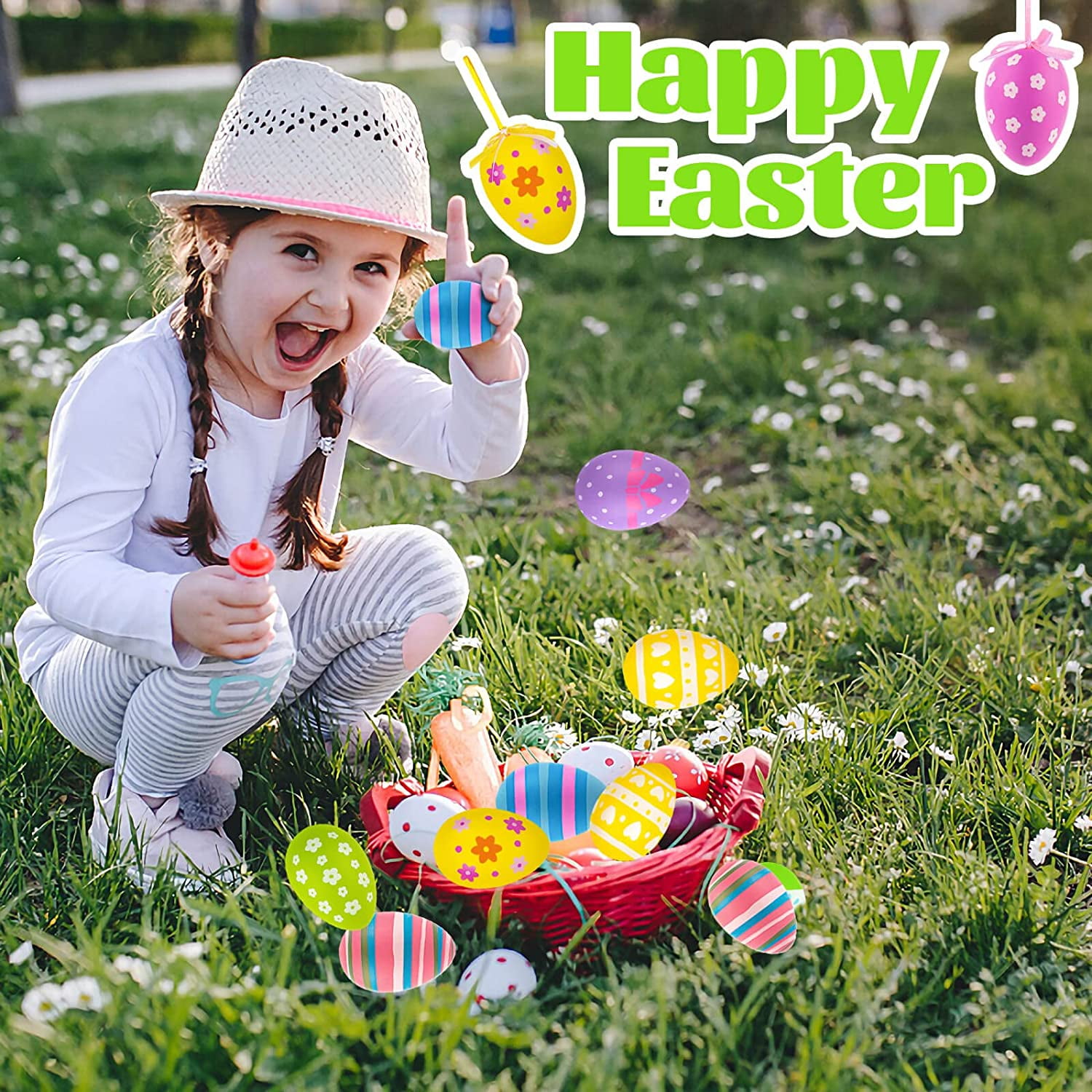 HeaCare Easter Hanging Eggs, 48Pcs Multicolored Plastic Easter Egg Hanging Tree Ornament, Decorative Hand Painted Eggs DIY Crafts with Various Style Stripes Dots Flowers