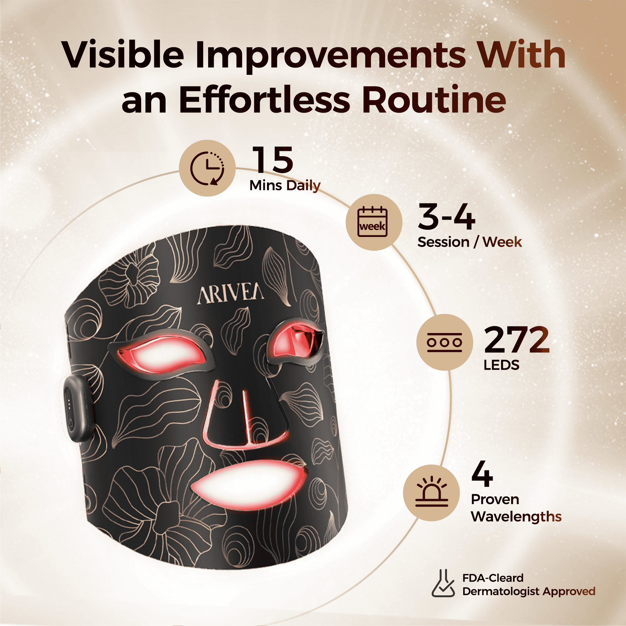 ARIVEA LED Red Light Therapy Face Mask, Wireless Rechargeable Red Light Therapy Device for Face, Home & Travel，Black