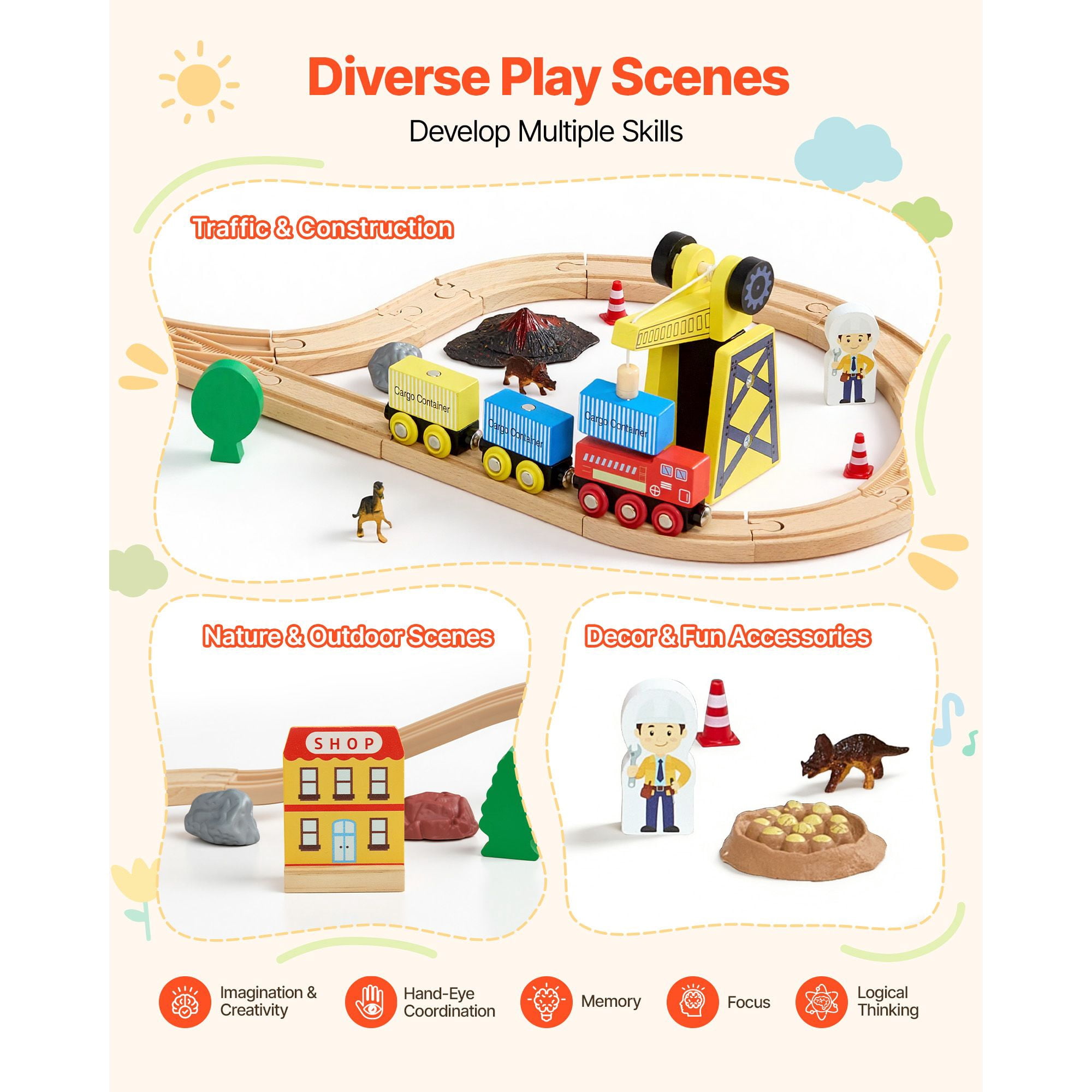 Wooden Train Set 70PCS with Magnetic Crane Dinosaur Fossil for Kids Ages 3-8 Christmas Birthday Toy