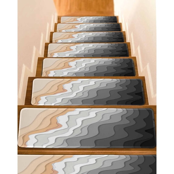 Grey Geometric Beach Stair Treads for Wooden Steps Indoor Runner Rug Carpet, Ombre Waves Moire Abstract Art 7 Pieces Peel and Stick Staircase Step Treads Covers Washable Throw Door Mats, 30"x8"