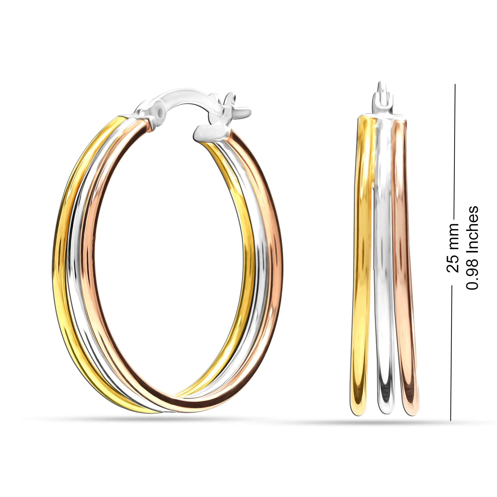 LeCalla 925 Sterling Silver Jewelry Italian Three-Tone Click-Top Hoop Earrings for Women and Teen 25MM