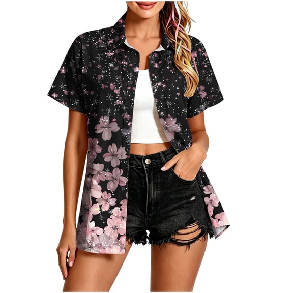 Hilzaten Tops for Women Collared Casual Print Loosse Leisure Short Sleeve Shirts for Women