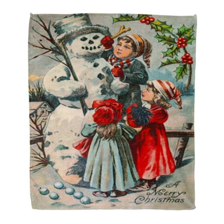 Fuzzy Christmas Blankets ASHLEIGH Flannel Throw Blanket Winter Children Building Snowman Circa 1910 Vintage Merry Christmas Currier Ives 58x80 Inch Lightweight Cozy Plush Fluffy Warm Fuzzy Soft ()