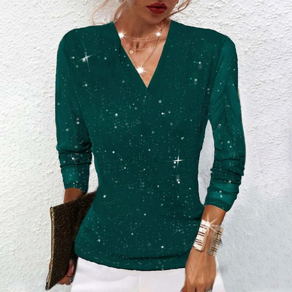Peplum Sequin Tops for Women Glitter Sparkly V-Neck Slim Fit Mesh Blouses for Party with 3/4 Cuff Sleeves