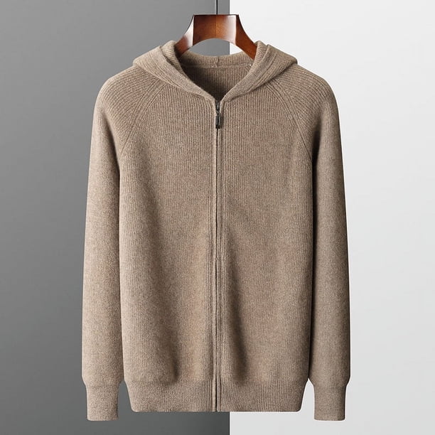 Suéter de lana para hombre de otoño e invierno, cárdigan con cremallera y capucha informal para jóvenes y de mediana edad, suéter deportivo de pura lana