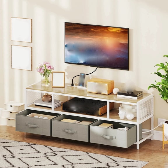 Auranook TV Stand for TVs up to 65", Media Console Table with Open Shelf & 3 Fabric Storage Drawers for Living Room Bedroom