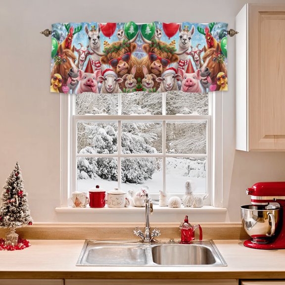 Kitchen Valances for Window, Christmas Pig Sheep Light Filtering Rod Pocket Valance Curtain, Cartoon  Short Curtains Window Topper for Bedroom Bathroom Living Room 42x12in