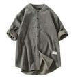 thumbnail image 2 of WREESH Men's Vintage Button Down Shirts Lace-Up Short Sleeve Patchwork T-Shirt Top with Stand-Up Collar for Retro Style Gray, 2 of 7