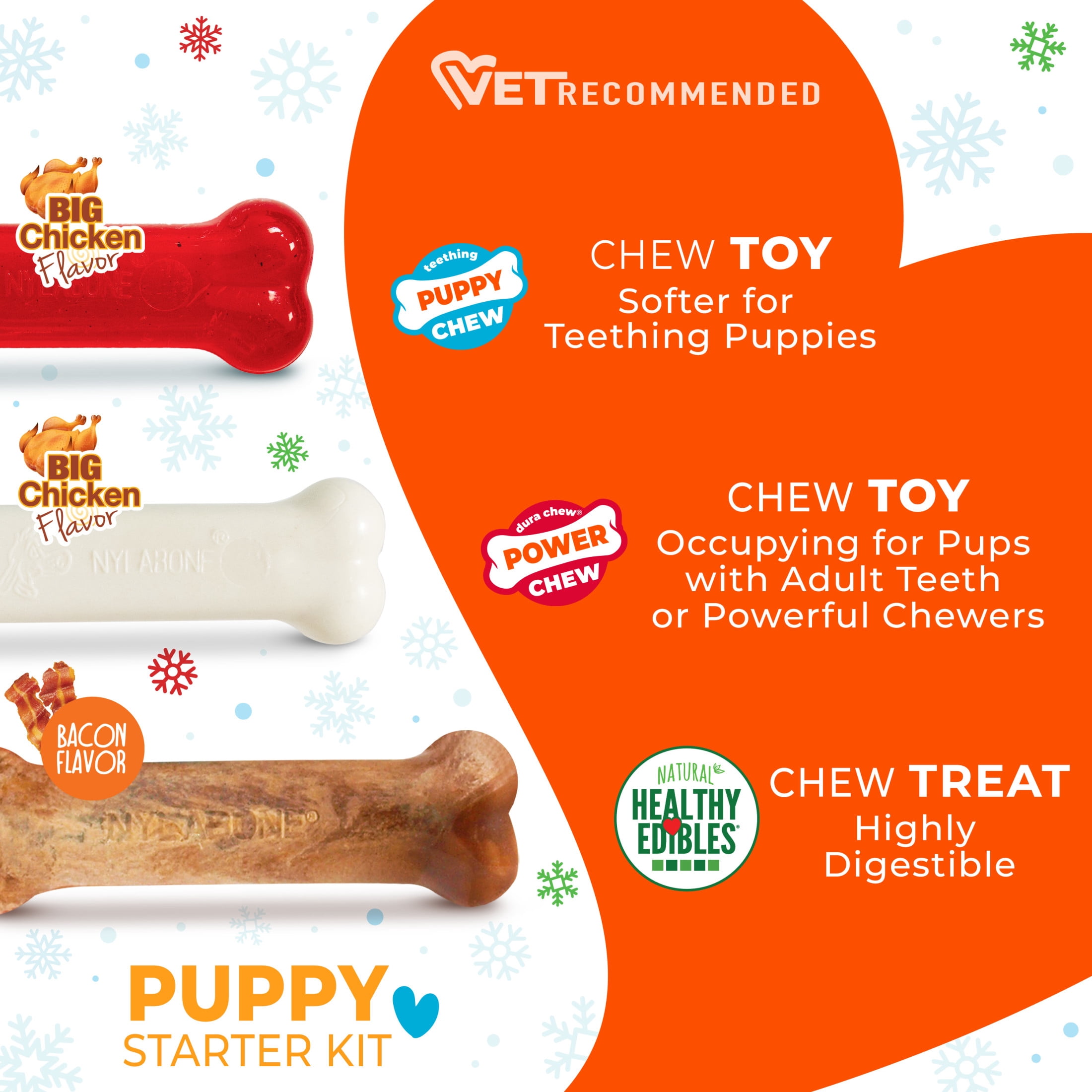 Nylabone Holiday Puppy Chew Dog Toy Starter Kit, Dog Chew Toys & Dog Treat, Chicken & Bacon Flavor, Small, 3 pack