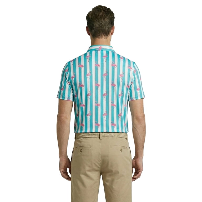 Birdie Bound Men's Flamingo & Stripes Golf Polo photo 3