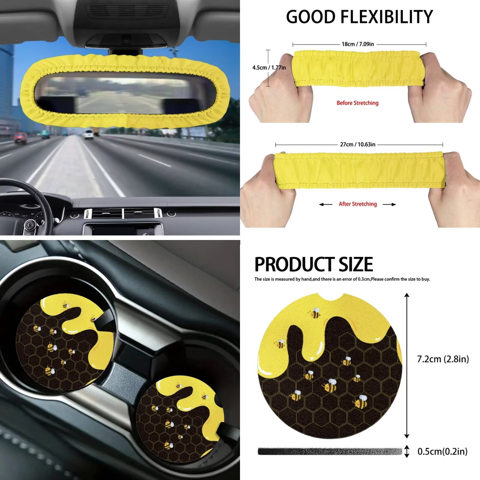 Garronmavis Bee Honey 16 Pcs Car Accessories Set Car Seat Belt Pads Cover Auto Keychain Holder Gear Shifting Knob Cover Cup Mats Front Window Sunshade Rearview Mirror Cover