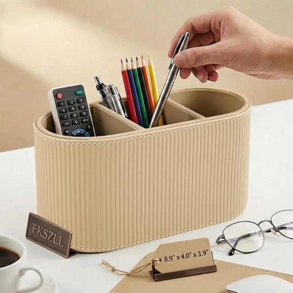 FKSZLL PU Leather Pen Holder Multifunctional Remote Control Holder with 3 Compartments Stylish Desktop Organizer Caddy for Home Office Desk Accessories