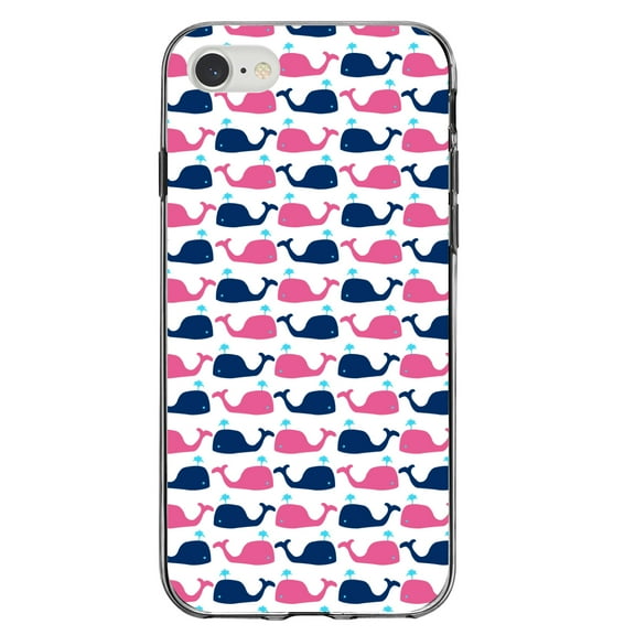 DistinctInk Clear Shockproof Hybrid Case for iPhone 7 8 SE (2020 Model) 4.7" Screen TPU Bumper Acrylic Back Tempered Glass Screen Protector - Pink Navy Cartoon Whales - Cartoon Whales