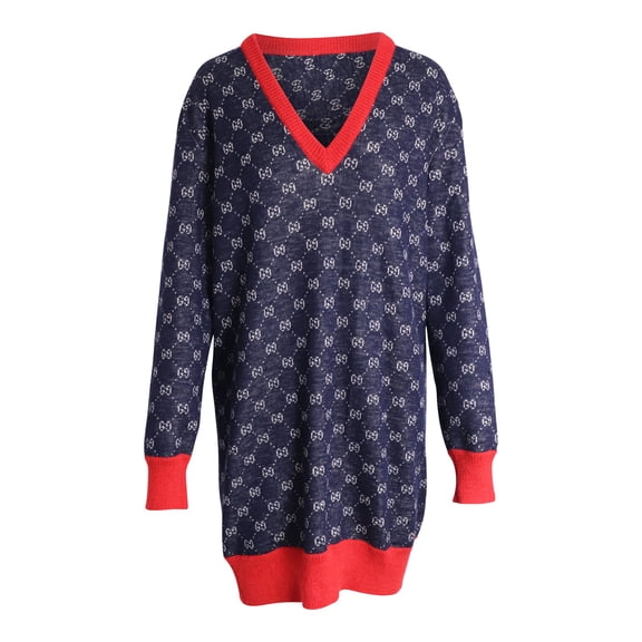 Pre-Owned Gucci Bicolor Logo Patterned Knit Sweater Dress in Blue Wool