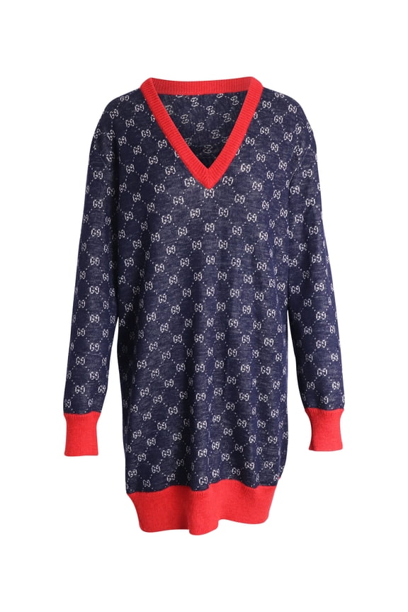 Pre-Owned Gucci Bicolor Logo Patterned Knit Sweater Dress in Blue Wool
