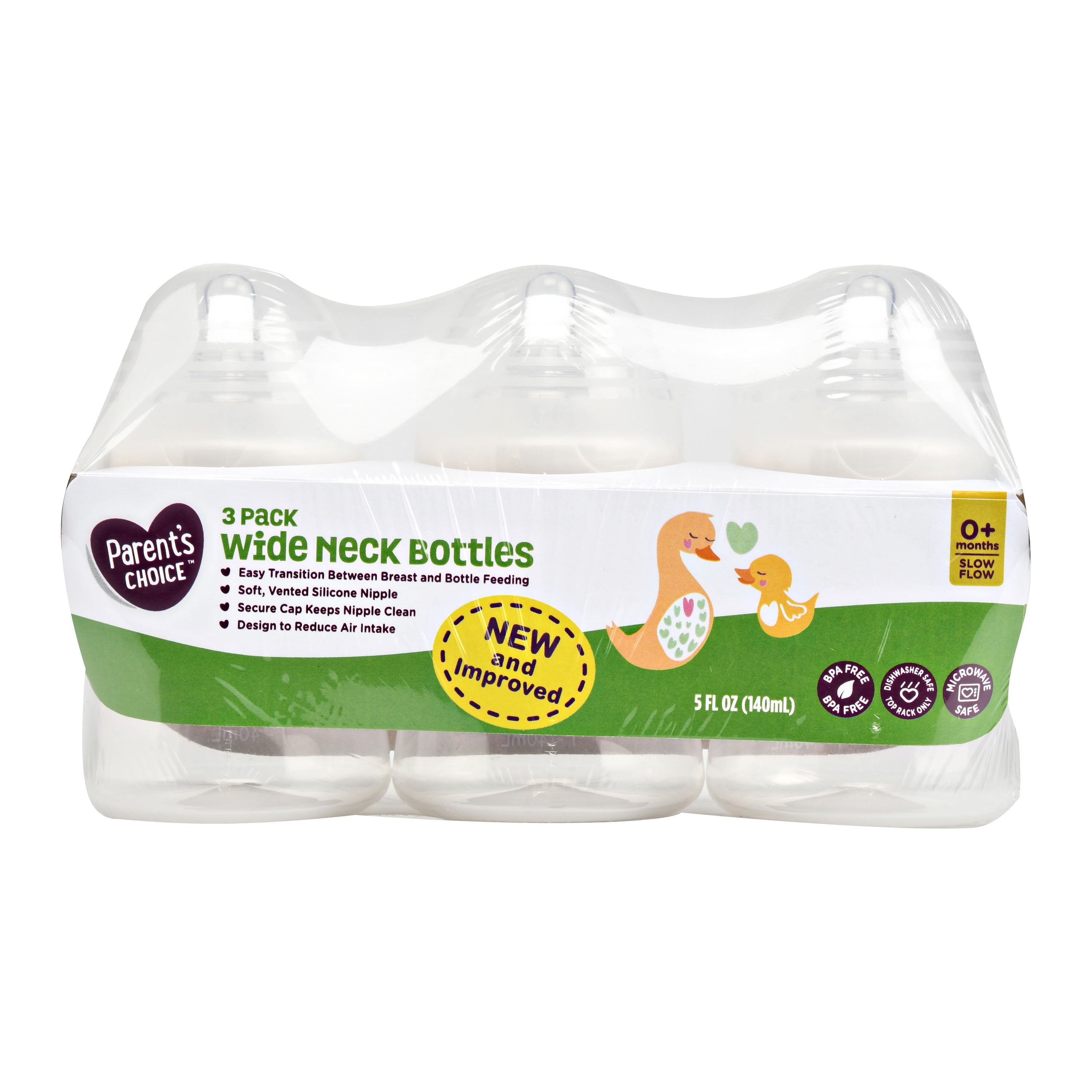 Parent S Choice 5 Fl Oz Slow Flow Wide Neck Bottles 0 Months 3 Count Walmart Com