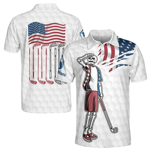 Customize Name Funny Skeleton Looking For Golf Ball American Flag Golf Men's Polo Shirt S-5XL