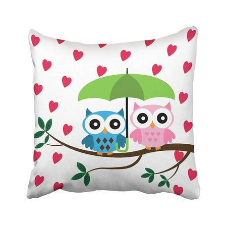 WOPOP Cute Two Owls Sitting On The Branch With Green Umbrella Under Hearts Rain Birds Leaf Pillowcase Pillow Cushion Cover 20x20 inches