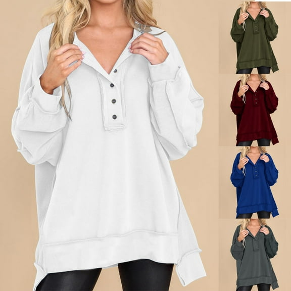 YANHAIGONG Womens Side Slit Sweatshirt Plus Size Oversized Sweatshirts for Women Loose Fit Casual Long Sleeve Button Henley Neck Pullover Tunic Tops Outfits