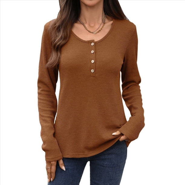 Blusas de Mujer, Corte Entallado, Cuello en V, Botones, Camisa Henley Color Caramelo L