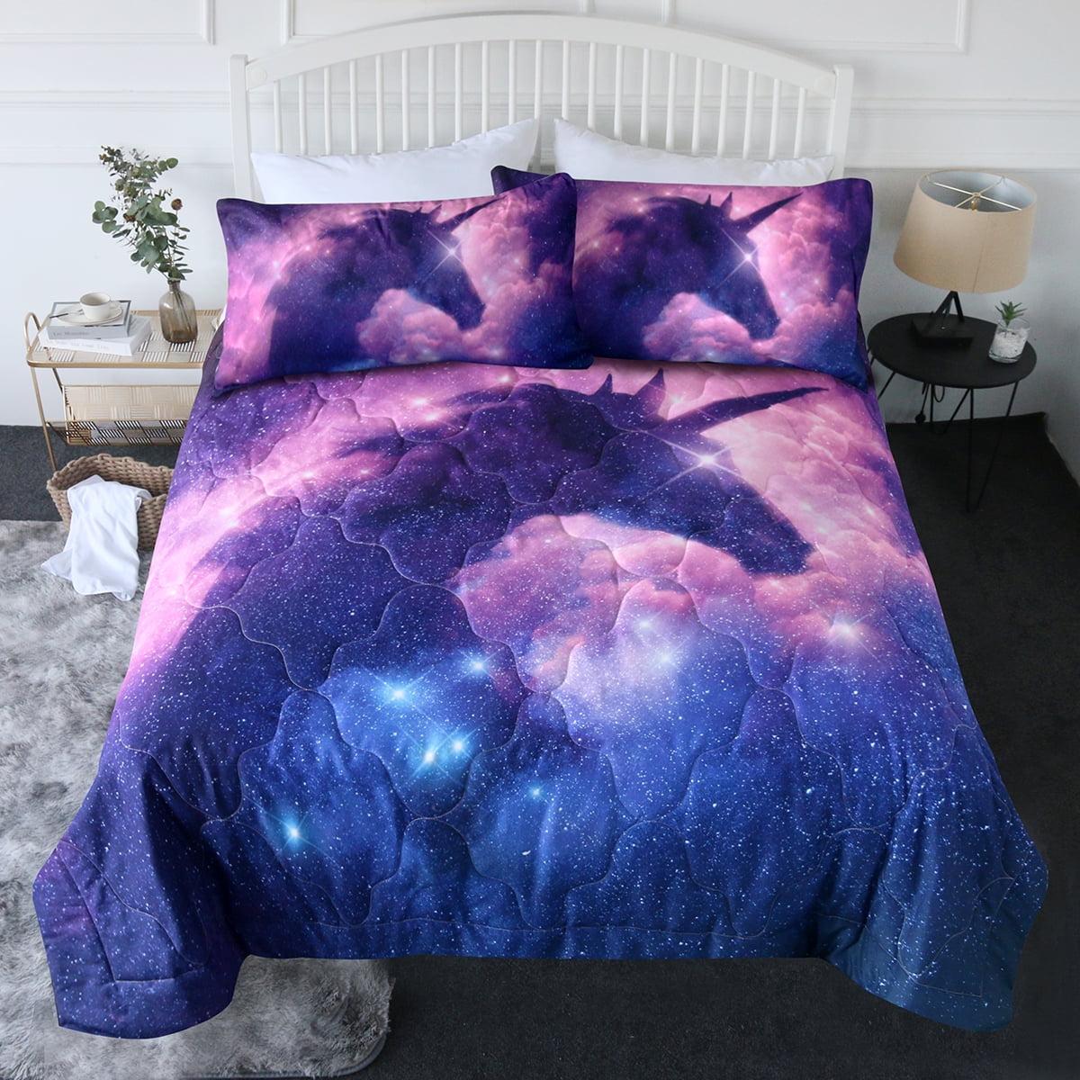 Twin BlessLiving Galaxy Unicorn Bedding Kids Girls Psychedelic Space Duvet Cover 3 Piece Pink Purple Sparkly Unicorn Bedspread 