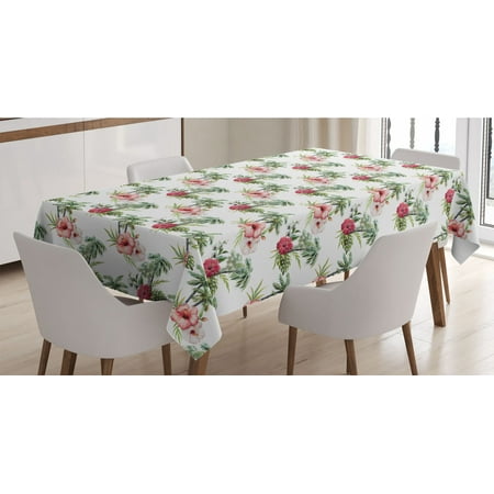 

Hawaii Tablecloth Aquarelle Effect Palm Trees Hibiscus Flowers Romantic Summer Bloom Rectangle Satin Table Cover Accent for Dining Room and Kitchen 60 X 90 Reseda Green Pale Pink by Ambesonne